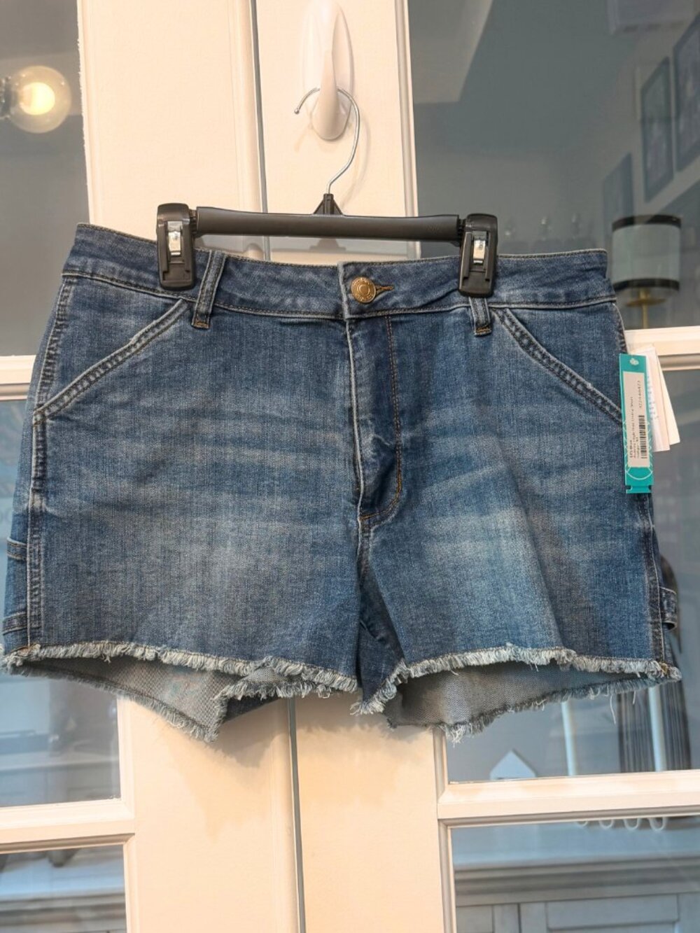 NWT STS Blue Aubrey High Rise Utility Denim Jean Shorts Frayed Hem Medium Wash